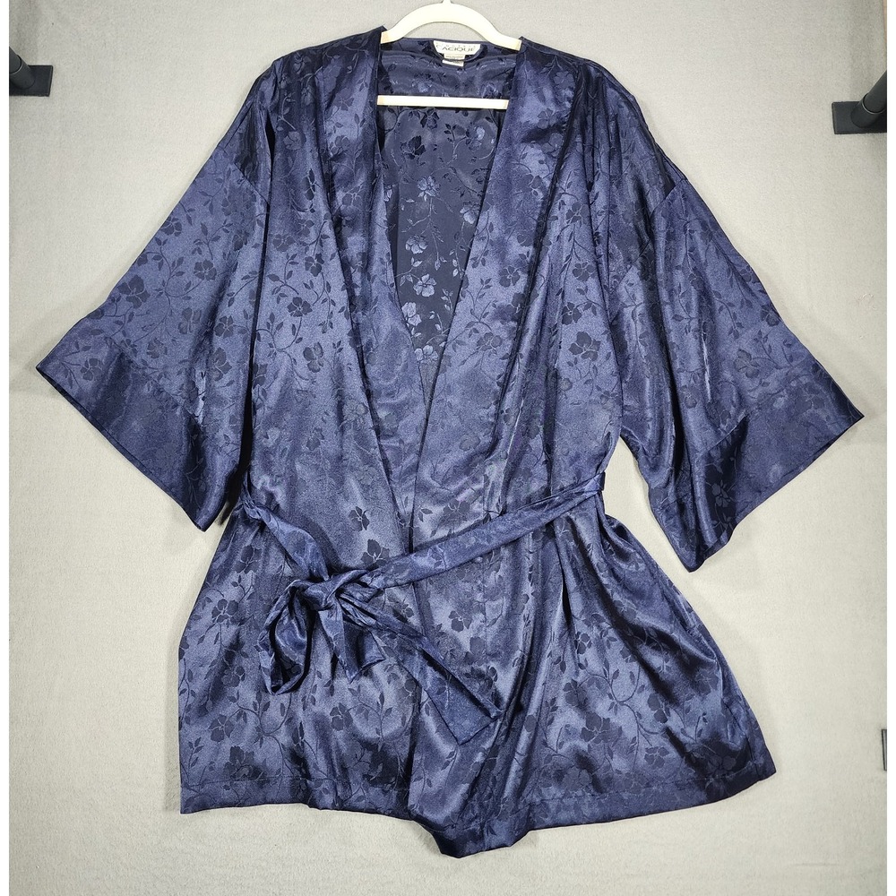 Vintage 90's Lingerie Cacique M/L Floral Navy Blue Jacquard Robe Kimono Boudoir